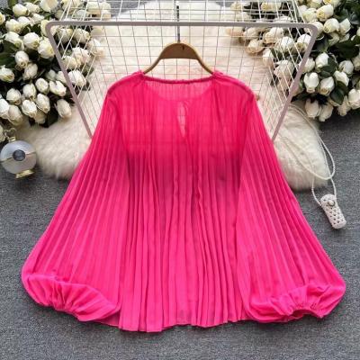 China Anti-wrinkle European Temperament 2023 Long Sleeve Women's Blouses Round Neck Pleated Shirts Ladies Loose Chiffon Tops Clothes Supplier for sale