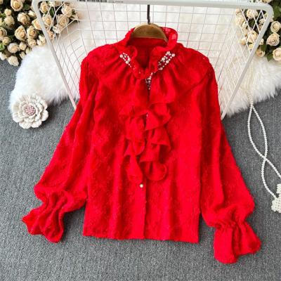 China Anti-wrinkle Autumn New Casual Temperament Top 2023 long sheath blouses women rhinestone beaded ruffles shirts ladies tops clothes for sale