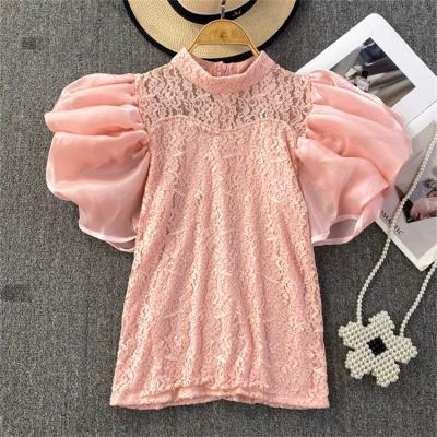 China Anti-wrinkle summer fashion French puff sheath top short sleeve lace thin women's blouses and shirts wholesale stand collar for sale