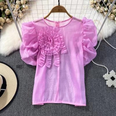 China New Anti-wrinkle summer fashion shorts sheath shirts women's blouses three-dimensional flower round neck pure micro top shirt for sale