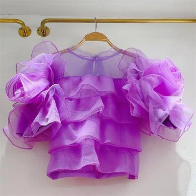 China Breathable Summer French Flower Bud Sheath Blouses Women Mesh Organza Shirts Ladies Ruffled Tops Clothing Women Wholesale for sale