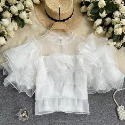 China Wholesale Breathable Clothing Ladies 2023 Mesh Tops Organza Shirts Ruffled Shorts Women Summer Fashion Puff Sleeve Blouses for sale