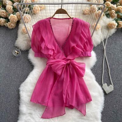 China 2023 Summer Fashion Bow Blouses Anti-Wrinkle Beaded Shirt Top V-neck Breathable Short Sleeve Belted Women's Chiffon Tops For Women for sale