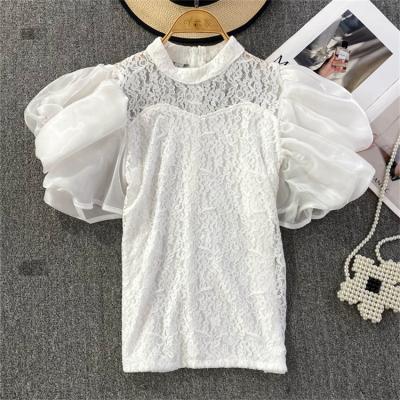 China 2023 Fashion Anti-wrinkle Stand Collar French Puff Sheath Upper Slim Ladies Sheath Short Shirt Summer Lace Up Women's Blouses And Shirts for sale