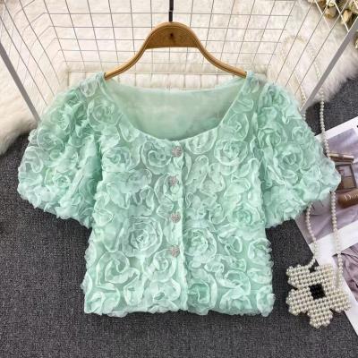 China Anti-wrinkle 2023 Summer New Sweet Square Collar Short Sleeve Blouses Women Flower Elegant Ladies Mesh Chiffon Cardigan Shirts Tops for sale