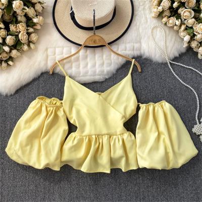 China Wholesale 2023 Summer Fashion Women's Clothing New Breathable Strapless Shirt Ruffled Lantern Sleeve Tops Slim Wild Women's Blouses for sale