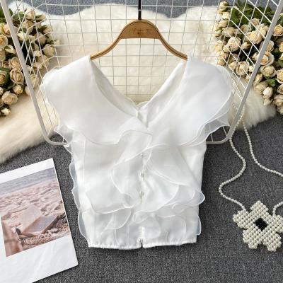 China 2023 Summer Anti-Wrinkle Ruffle V-Neck Ladies Panel Shirt Ruffles Summer Super Fairy Feeling Sleeveless French Blouse Tops for sale