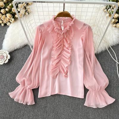 China Anti-wrinkle 2023 New Socialite Temperament Chiffon Shirts Long Sleeve Women's Blouses Ruffles Shirts Ladies Soft Tops Clothes for sale