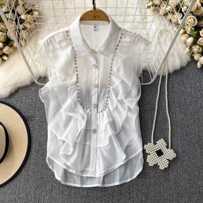 China Anti-Wrinkle 2023 Elegant Candy Ruffle Lapel Tops Summer Women Blouses Diamonds Ladies Sleeveless Shirts Clothes Women Wholesale for sale