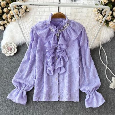 China 2023 new Anti-wrinkle court style temperament shirts long sheath women's blouses rhinestone beaded soft ruffles shirts ladies tops clothes for sale