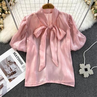 China Anti-Wrinkle 2023 Hot Selling News Summer Puff Bow Sleeve Blouses Women Vintage Ladies Chiffon Super Loose Short Shirts Tops Clothes for sale