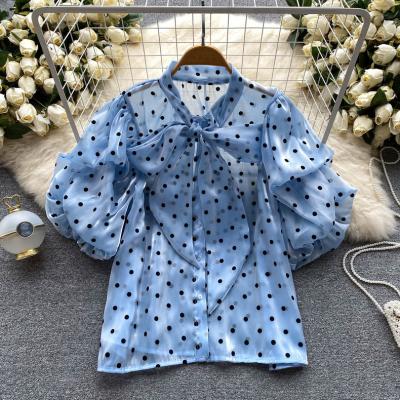 China Anti-Wrinkle New 2023 Summer Puff Sleeve Polka Dot Shirt For Women Vintage Shorts Sheath Blouses Chiffon Shirts Hot Sale Ladies Tops Clothes for sale