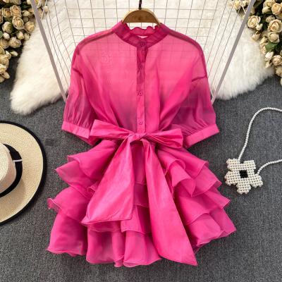 China Anti-wrinkle vintage tops for women 2023 ruffled edge bow top clothing shirt summer casual shorts sheath fashion tops chiffon women blouses for sale