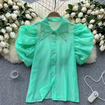 China 2023 summer fashion Anti-wrinkle short sleeve women's blouses beaded lapel chiffon tops bubble sleeve shirt ladies loose women's tops for sale