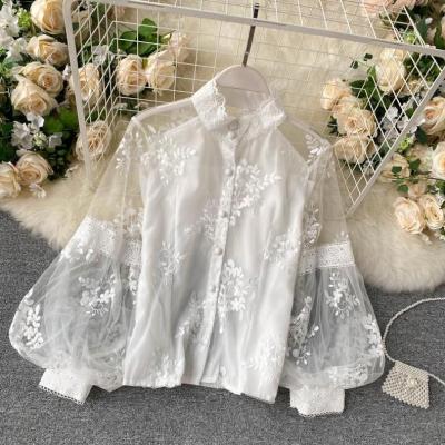 China Autumn New 2023 Anti-wrinkle fashion lace tops embroidered white lantern sleeve shirt long sleeve blouse for women's clothing wholesale for sale