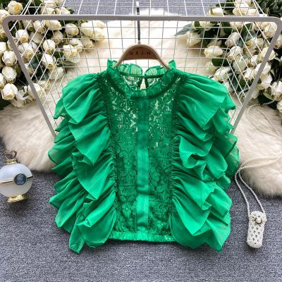 China QUICK DRY 2023 summer court style crochet flower hollowed out sleeveless blouse lace ladies tops ruffles shirt women's blouses shortly for sale