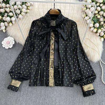 China Anti-wrinkle 2023 new summer socialite temperament shirts long sheath stand collar ladies blouses casual chiffon tops for women for sale