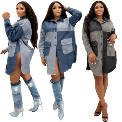 China Washable Spring women 2022 patchwork denim dress long sleeve casual women denim shirt dress for sale