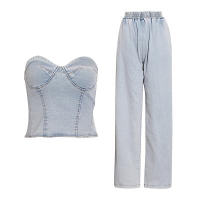 China Breathable Newest Casual Fashion Summer Spring Denim Jeans Matching Sets Crop Tank Top Two Piece Pants Set Wom for sale