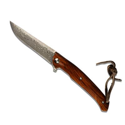 China Non-Changeable Factory Price Damascus steel Yellow Sandalwood handle Carry hiking mouth knife bag outdoor knife folding knife for sale