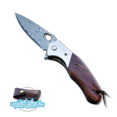 China Non-Changeable Manufacturers direct supply Damascus Steel Yellow Sandalwood handle gift high hardness folding knife Outdoor knife camping knife for sale