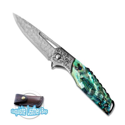 China Non-Changeable The latest best-selling Damascus steel abalone shell handle folding knife outdoor knife pocket knife for sale