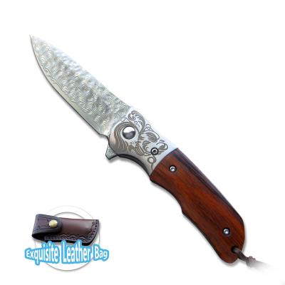 China Non-Changeable EDC Damascus Steel Yellow Sandalwood handle High hardness sharp folding knife Outdoor knife Camping knife for sale