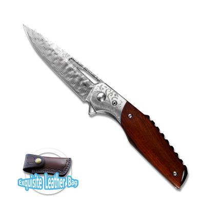 China Non-Changeable The latest selling Damascus steel Yellow Sandalwood handle outdoor jungle folding knife Outdoor knife camping knife for sale