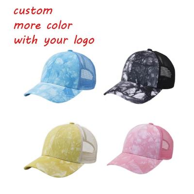 China COMMON Tie Dye Ponytail Ponytail Baseball Cap Women Summer Mesh Hat Custom Trucker Ponytail Hat for sale