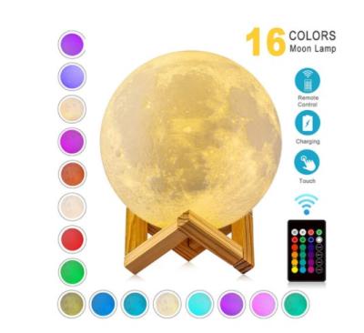 China Modern 2021LED Night Light 3D Printing Moon Lamp Rechargeable 16 Color Touch 3D Remote Control Moon Lamp For Home Bedroom Decoration Gift for sale