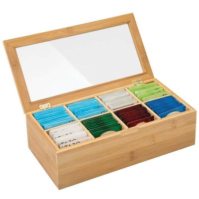 China Modern Choice Fun Bamboo Tea Bag Storage Wooden Tea Box Organizer With Clear Lid for sale