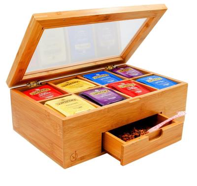 China Wooden Tea Bag Tea Set Organizer Wooden Tea Box 8 Compartments Removable High Quality Bamboo Wooden Divider Storage Box for sale