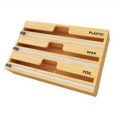 China Modern Choice Fun Plastic Wrap Storage Bamboo Wooden Plastic Wrap Organizer with Cutter for sale