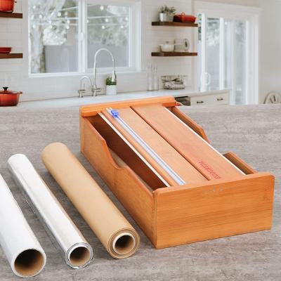 China Fun Viable Kitchen Organizer Box Plastic Warp Bamboo Wooden Dispenser With Slide Cutter 2 In 1 Aluminum Foil Organizer for sale