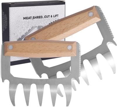 China Easily Cleaned 2 Pack Bear Meat Claws Stainless Steel Meat Forks With Wooden Handle Barbecue Meat Claws For Handling Cutting Food for sale