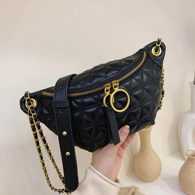 China Fashion designer brand cross - body bags women chain stitched linen PU chest bag leather pussy package for sale