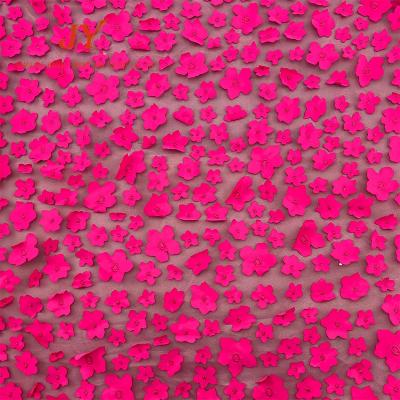 China Newest Lady Lace Dress Design Fabric Flame Retardant Fuchsia Lace Fabric Beads With 3D Flower Embroidery Lace Fabric for sale