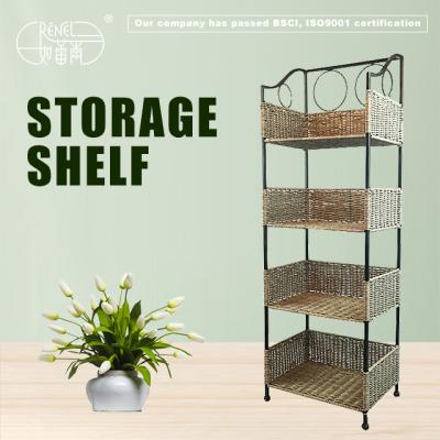 China Renel Sustainable Handmade Home Plastic PE Rattan Woven 4 Tier Towel Shelf Bathroom Corner Storage Rack for sale