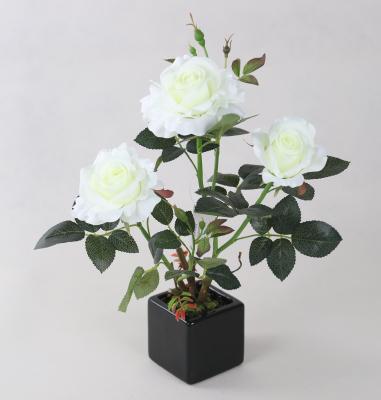 China Cloth / Silk 38cm 3 Heads Artificial Real Flower Cloth Touch Rose Flower Tree With Square Pot for sale