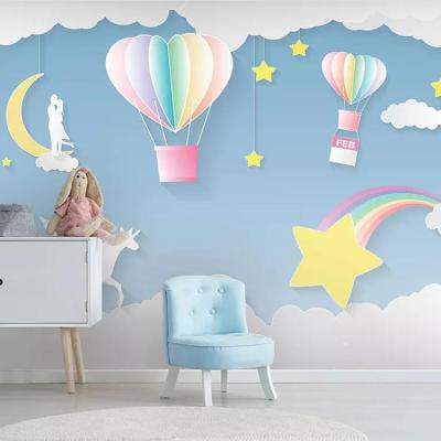 China Modern Cartoon Children's Room Hot Air Balloon Stars White Moon Clouds Background Wall Painting Wallpaper for sale