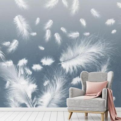 China Beautiful Nordic minimalist blue watercolor background wall white feather background wall wallpaper for sale