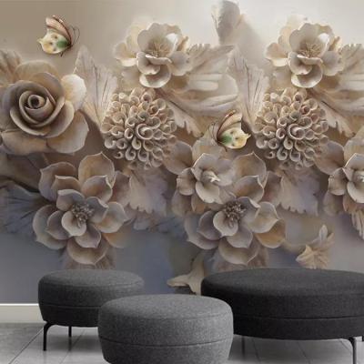 China Beautiful modern relief 3D flower butterfly TV background wall three-dimensional wallpaper for sale