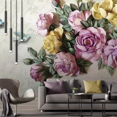 China European Embossed 3D Rose Flower Bird Wall Decoration Painting Wallpaper for sale