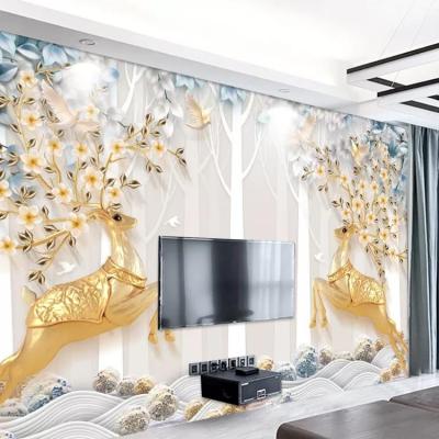 China 3D minimalist elks three-dimensional rich tree nordic minimalist embossed background wallpaper for sale