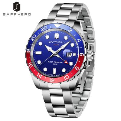 China New SAPPHERO Automatic Date 2021 High Quality Stainless Steel Drop Shipping OEM Quartz GMT Watch Wholesale for sale