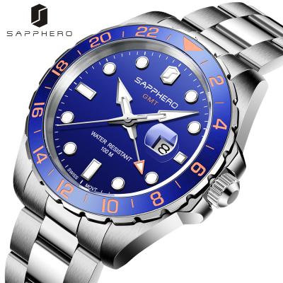 China Automatic Date SAPPHERO Business Stainless Steel Watch 10ATM Waterproof Men Quartz Wristwatch Fashion GMT Watches for sale