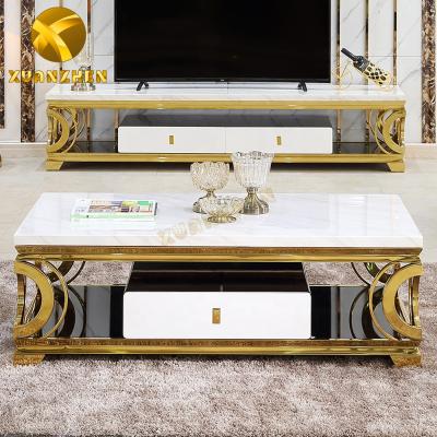 China Extendable metal furniture sets modern luxury gold marble coffee table coffee tables with drawer made in Foshan TT006 for sale