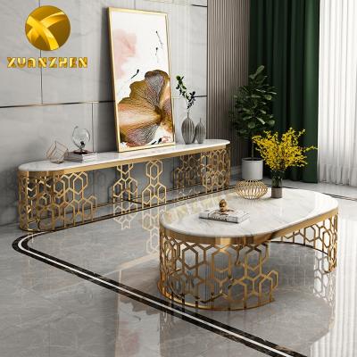 China Modern Gold Extendable Metal Furniture Living Room TV Table TV Unit and Coffee Table Luxury TV Stands Sale for sale