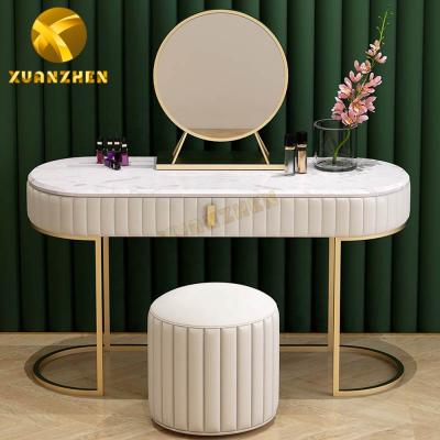 China Convertible Home Furniture White Modern Stainless Steel Leg Dressers Dressing Table With Mirror And Stool for sale