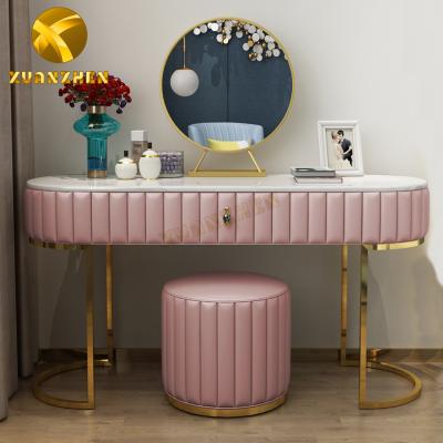 China Convertible Modern Pink Bedroom Furniture Dresser And Stool Chair With Drawers Stainless Steel Legs Dressers With Mirror for sale